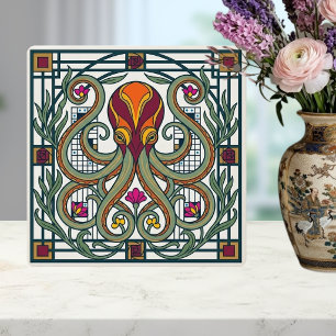 Art Nouveau Octopus Orange Burgundy Green Floral D Ceramic Tile