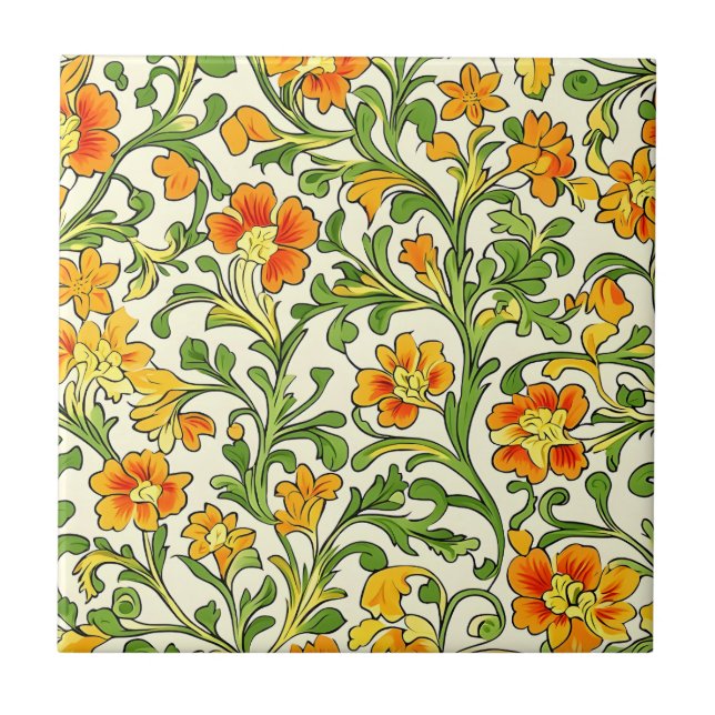  Art Nouveau orange and yellow floral pattern  Ceramic Tile (Front)