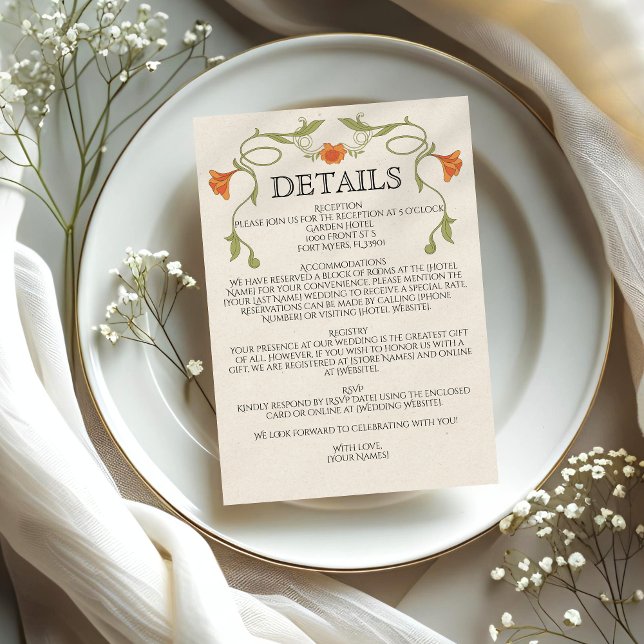 Art Nouveau Orange Flowers Green Wedding Details Enclosure Card (Creator Uploaded)
