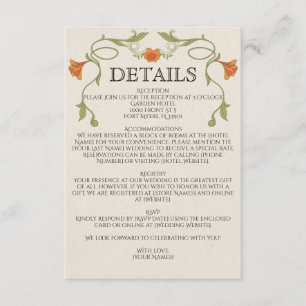 Art Nouveau Orange Flowers Green Wedding Details Enclosure Card