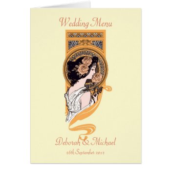 Art Nouveau Orange Yellow Wedding Menu Card by Past_Impressions at Zazzle