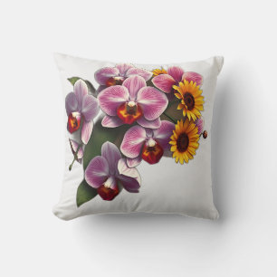 Art Nouveau Orchids with Sunflowers Throw Pillow
