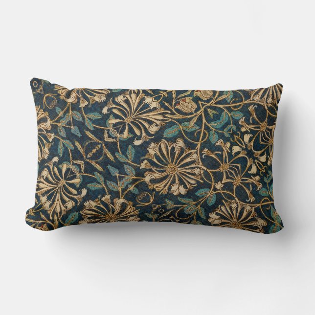 Art Nouveau Ornate Teal Gold Florals Lumbar Pillow (Front)