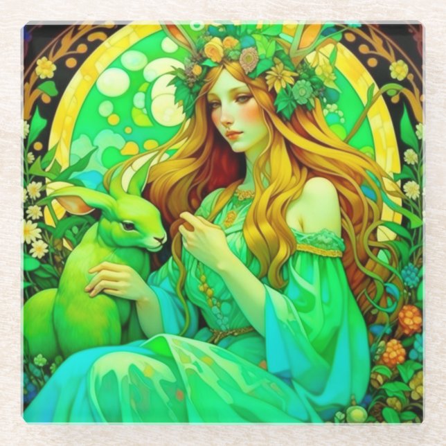 Art Nouveau Ostara Celtic Spring  Glass Coaster (Front)