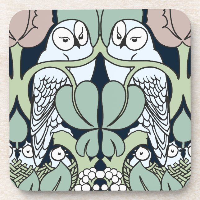 Art Nouveau Owls Nest Pattern Cork Coaster Set (Front)