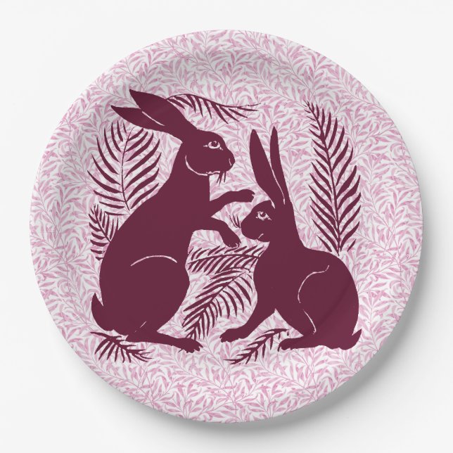 Art Nouveau Pair of Rabbits De Morgan and Morris Paper Plates (Front)