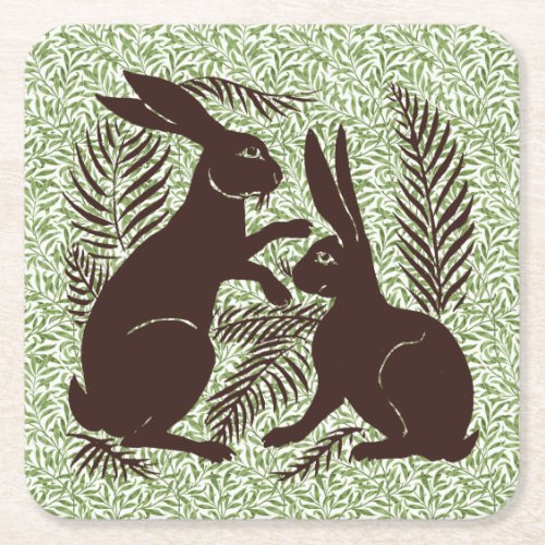 Art Nouveau Pair of Rabbits De Morgan and Morris Square Paper Coaster
