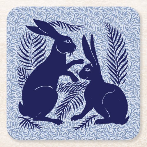 Art Nouveau Pair of Rabbits De Morgan and Morris Square Paper Coaster