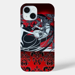ART NOUVEAU PAN , RED BLACK WHITE DAMASK iPhone 15 CASE
