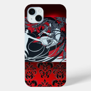 ART NOUVEAU PAN , RED BLACK WHITE DAMASK iPhone 15 PLUS CASE