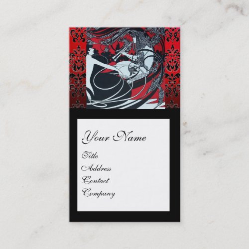 ART NOUVEAU PAN  RED BLACK WHITE DAMASK MONOGRAM BUSINESS CARD