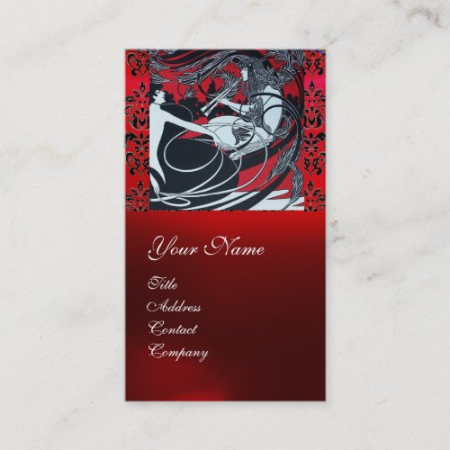 ART NOUVEAU PAN  RED BLACK WHITE DAMASK MONOGRAM BUSINESS CARD