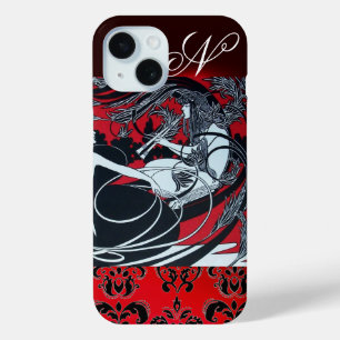 ART NOUVEAU PAN , RED BLACK WHITE DAMASK MONOGRAM iPhone 15 CASE