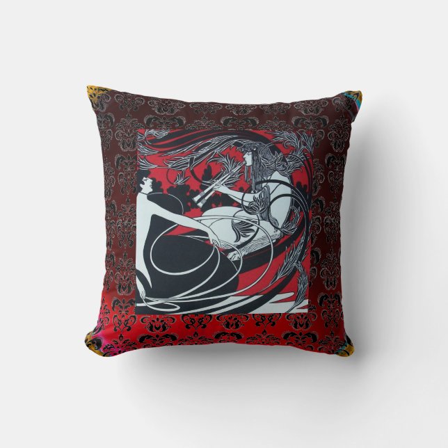 ART NOUVEAU PAN , RED BLACK WHITE DAMASK THROW PILLOW (Front)
