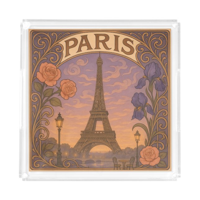 Art Nouveau Paris Eifel Tower Floral Acrylic Tray (Front)