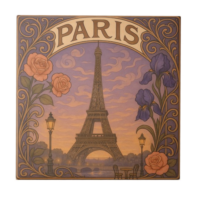 Art Nouveau Paris Eifel Tower Floral Ceramic Tile (Front)