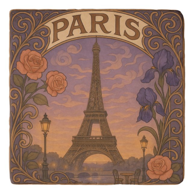 Art Nouveau Paris Eifel Tower Floral Trivet (Front)