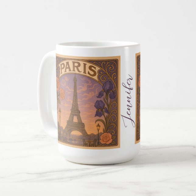 Art Nouveau Paris Eiffel Tower Floral Custom Name Coffee Mug (Front Left)
