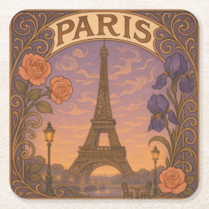 Art Nouveau Paris Eiffel Tower Floral Square Paper Coaster