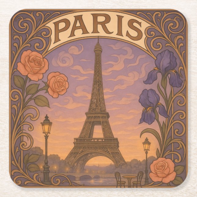 Art Nouveau Paris Eiffel Tower Floral Square Paper Coaster (Front)