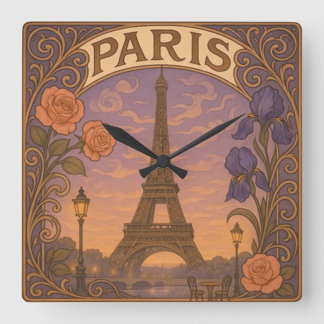 Art Nouveau Paris Eiffel Tower Floral Square Wall Clock (Front)