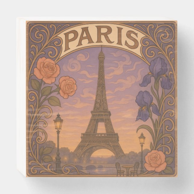 Art Nouveau Paris Eiffel Tower Floral Wooden Box Sign (Front Horizontal)