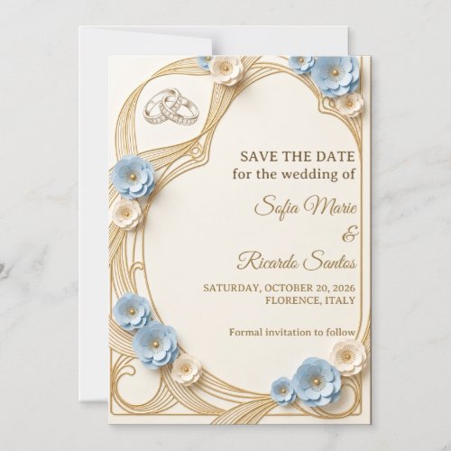 Art Nouveau Pastel Blue Gold Wedding Save The Date Magnetic Invitation