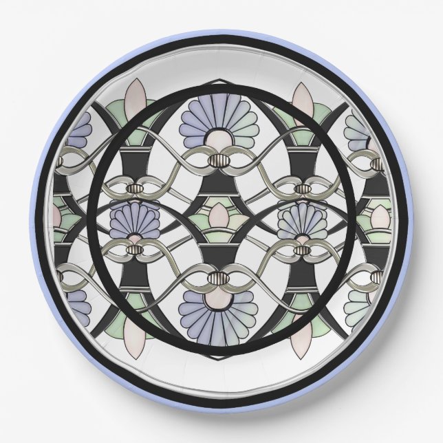 Art Nouveau Pastel Shells, Lilies & Black Arches Paper Plates (Front)