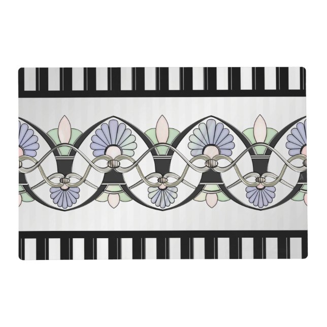 Art Nouveau Pastel Shells, Lilies & Black Stripes Placemat (Front)