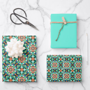 Art Nouveau Pattern in Deep Dark Teal, Peacock... Wrapping Paper Sheets