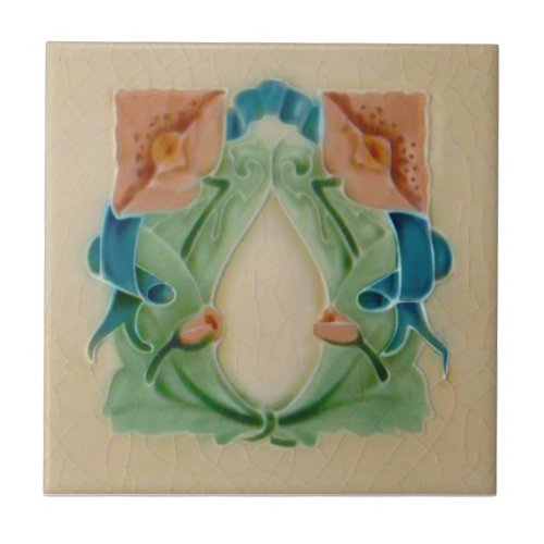 Art Nouveau Peach Mint Teal Floral Antique Repro Ceramic Tile