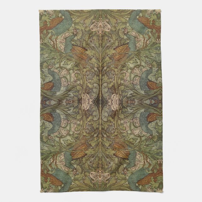 Art nouveau peacock and flower jacquard kitchen towel (Vertical)