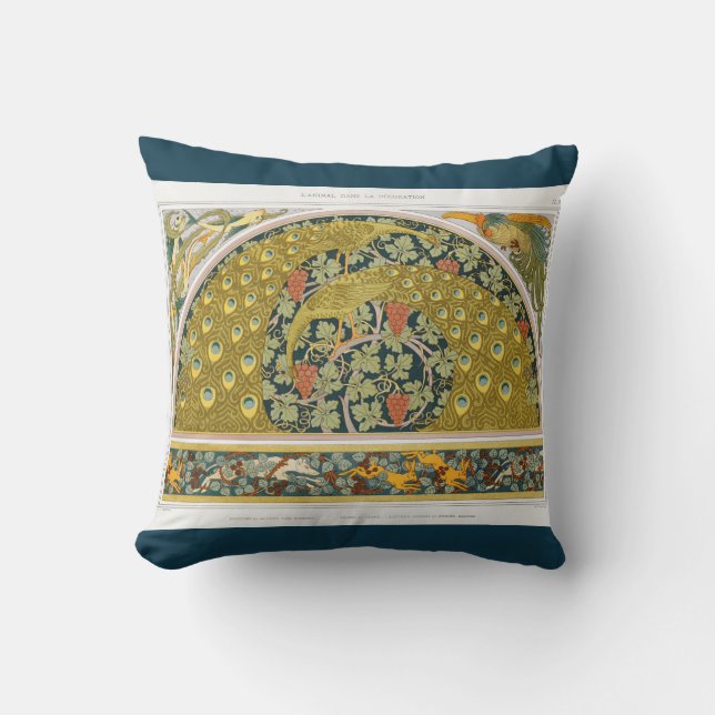 Art nouveau peacock animals grapevines verneuil throw pillow (Front)