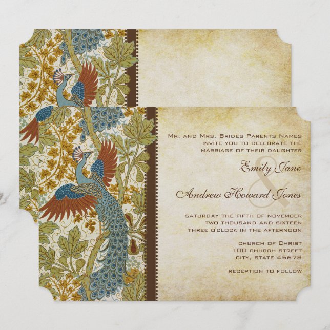 Art Nouveau Peacock Birds Wedding Invitation 3 (Front/Back)