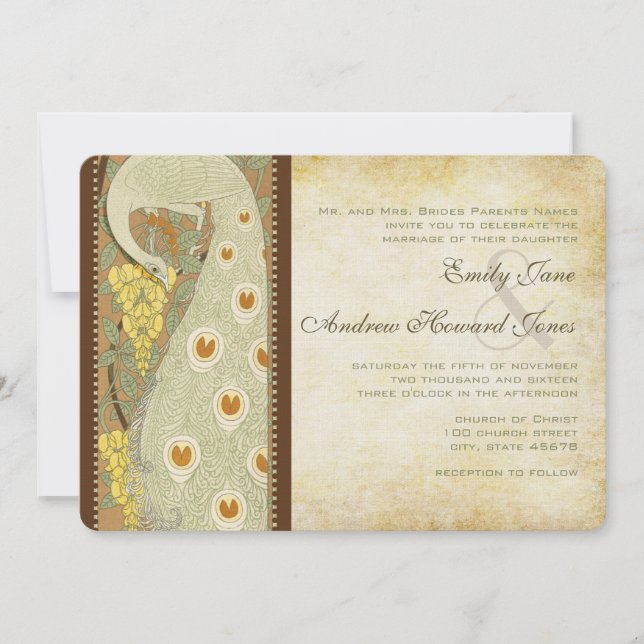 Art Nouveau Peacock Birds Wedding Invitation 3 (Front)