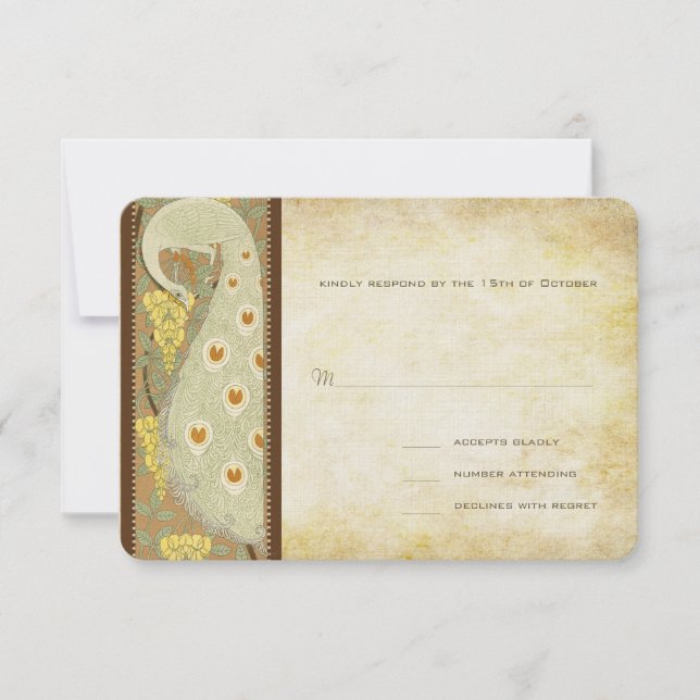 Art Nouveau Peacock Birds Wedding Response Card (Front)