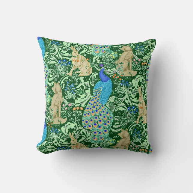 Art Nouveau Peacock, Cobalt Blue & Green Throw Pillow (Front)