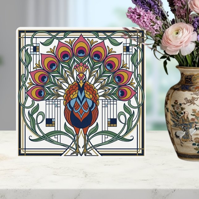 Art Nouveau Peacock Feather Floral Design Ceramic  Tile (Creator Uploaded)