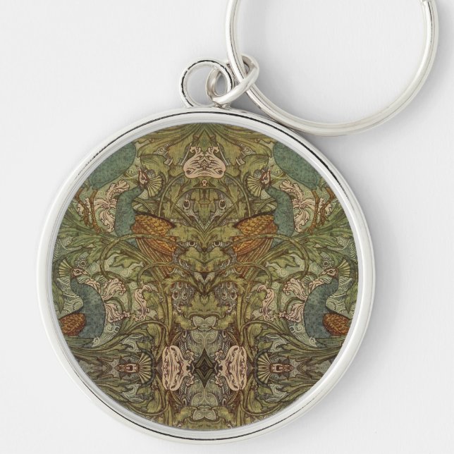 Art nouveau peacock floral jacquard tapestry  keychain (Front)