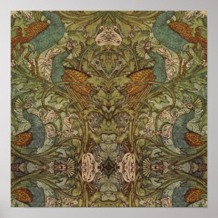 Art nouveau peacock floral jacquard tapestry poster