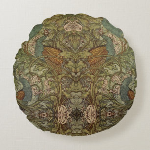 Art nouveau peacock floral jacquard tapestry round pillow