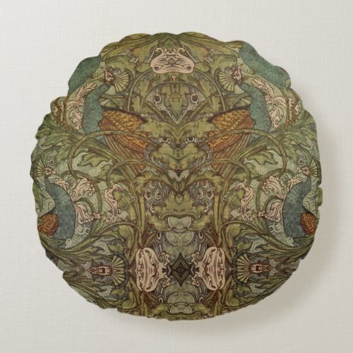 Art nouveau peacock floral jacquard tapestry  round pillow