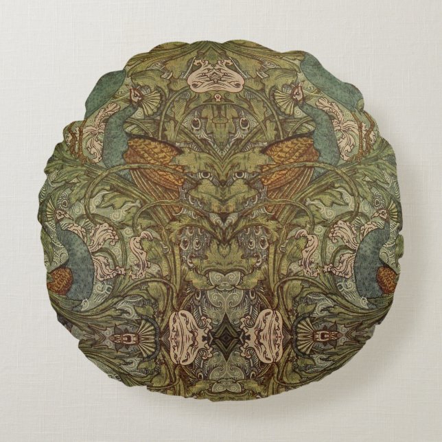 Art nouveau peacock floral jacquard tapestry  round pillow (Front)