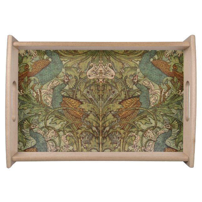 Art nouveau peacock floral jacquard tapestry  serving tray (Front)