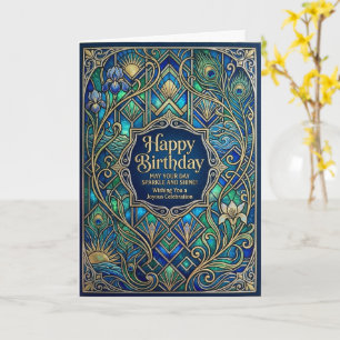 Art Nouveau Peacock Jeweled Happy Birthday Card
