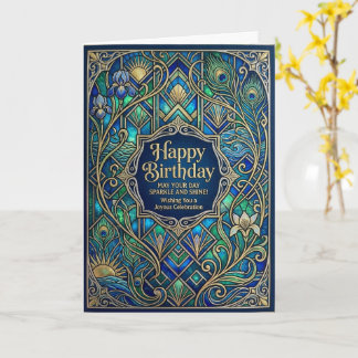 Art Nouveau Peacock Jeweled Happy Birthday Card