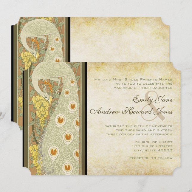 Art Nouveau Peacock Love Birds Wedding Invitation (Front/Back)