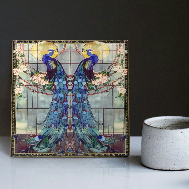 Art Nouveau Peacock Lovebirds Roses Vine Swing Ceramic Tile (Creator Uploaded)