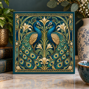 Art Nouveau Peacock Pair Blue Gold Floral Vintage Ceramic Tile