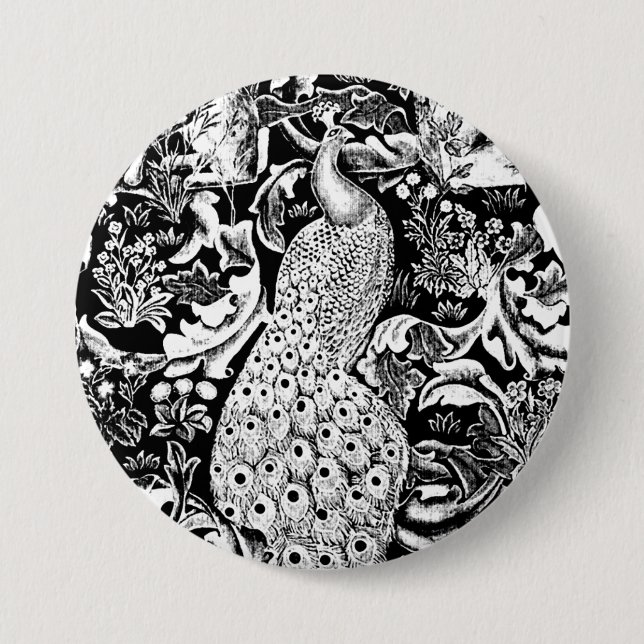 Art Nouveau Peacock Print, Black and White Button (Front)